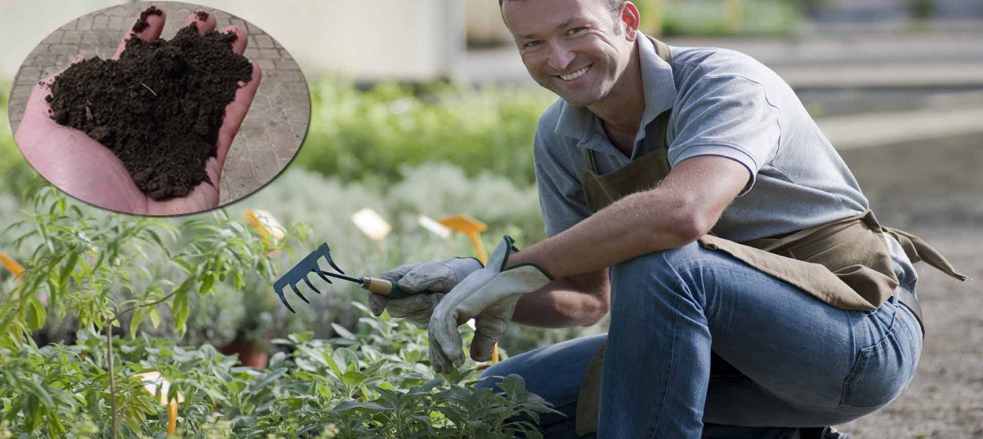 Man smiling, kneeling in a garden, holding a rake. A close-up of soil in hands on left.