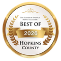 Gold circular Best of 2026 Hopkins County award seal with The Sulphur Springs News-Telegram text