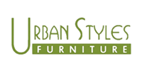 Logo for Urban Styles, modern American furniture. Red square with white square inside, text below in black.