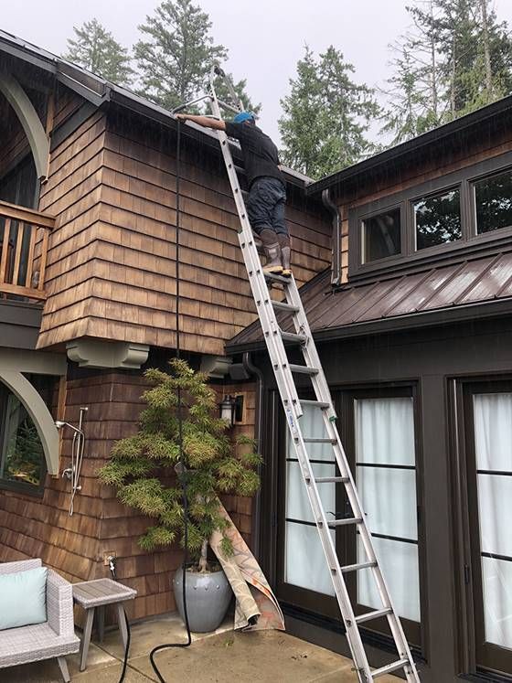 Person on ladder cleaning gutter on brown house exterior with tall windows and cedar shingles