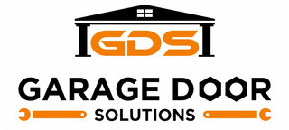 Logo for Garage Door Solutions of TN featuring white bold text on a black rectangular background with an orange border.