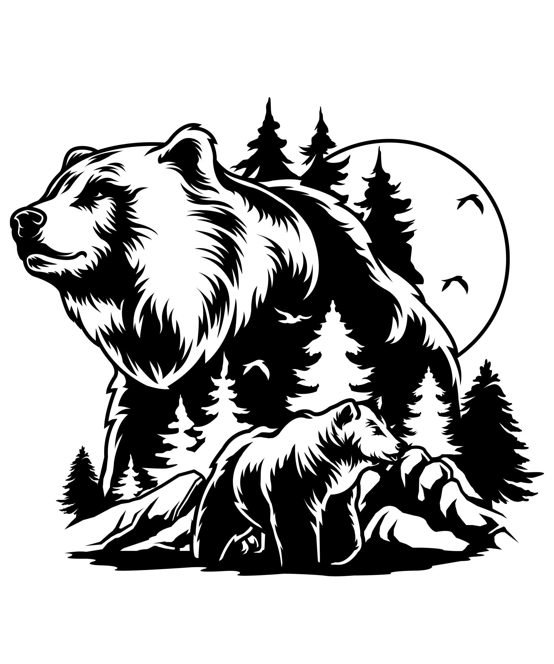 A black and white drawing of a bear with trees in the background.