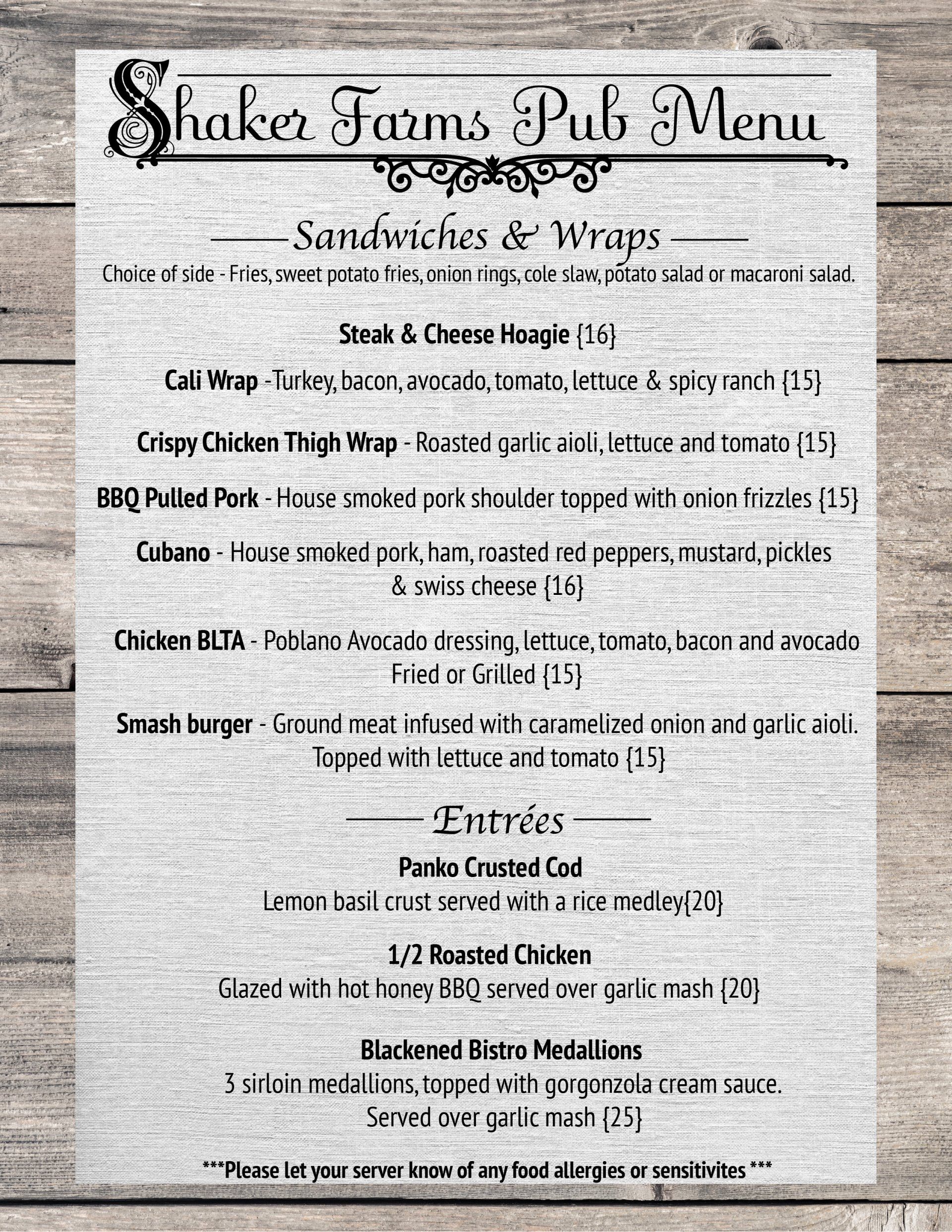 Shaker Farms Country Club Pub Menu Westfield, MA