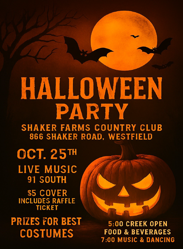 Halloween party flyer: Shaker Farms, October 25th, featuring music, food, costume contest.
