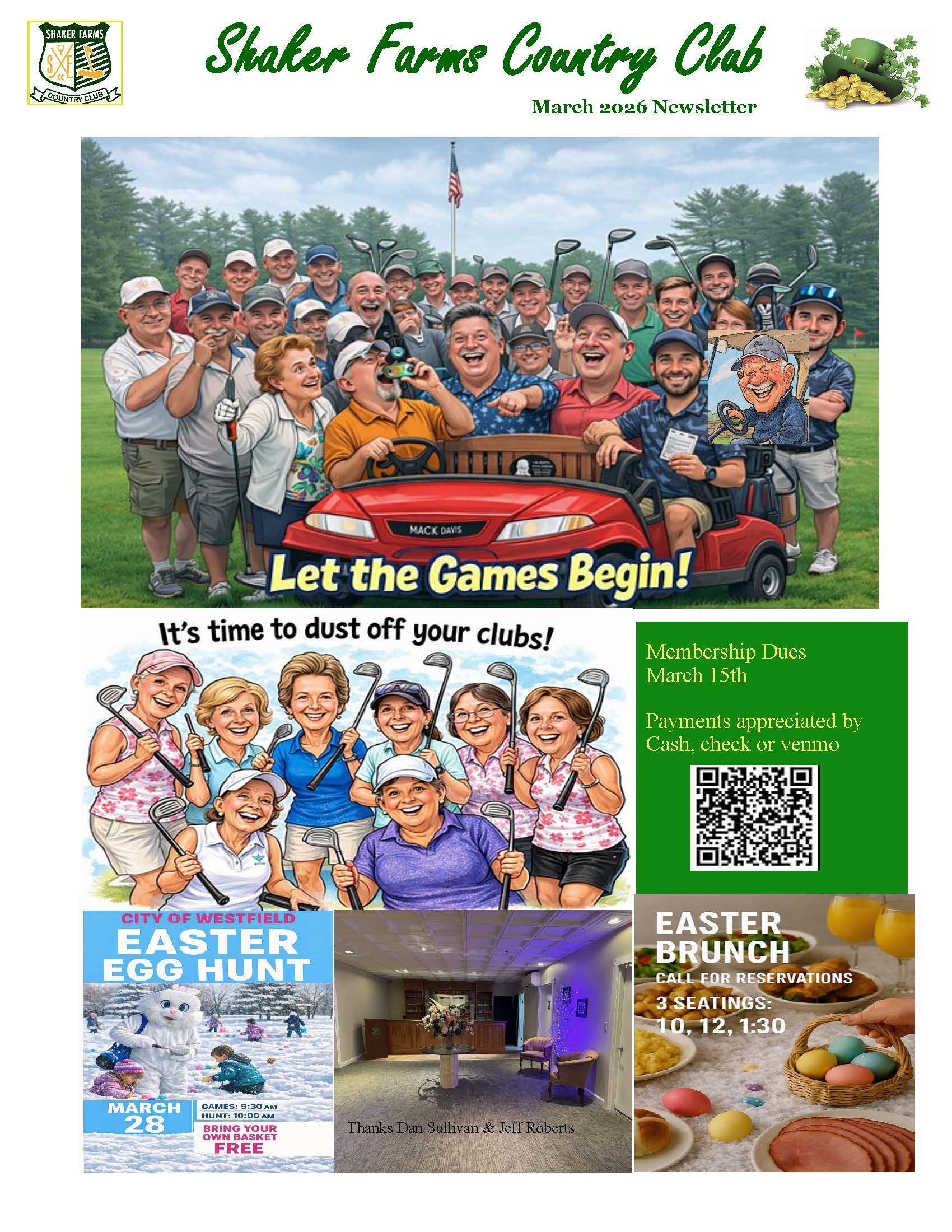 Shaker Farms Country Club newsletter with golf and Easter events: group photo, golfers, Easter Egg Hunt, and Brunch details.  