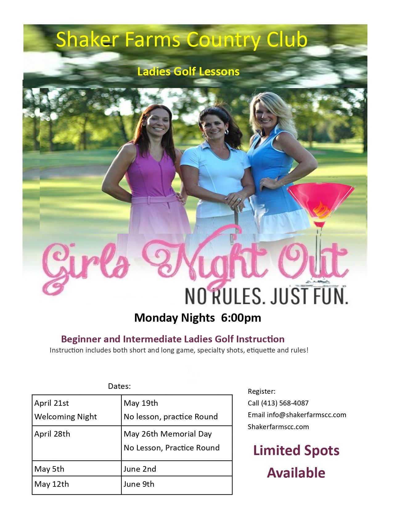 A flyer for Girls Night Out golf lessons at Shaker Farms Country Club on Monday nights, featuring dates and contact info.