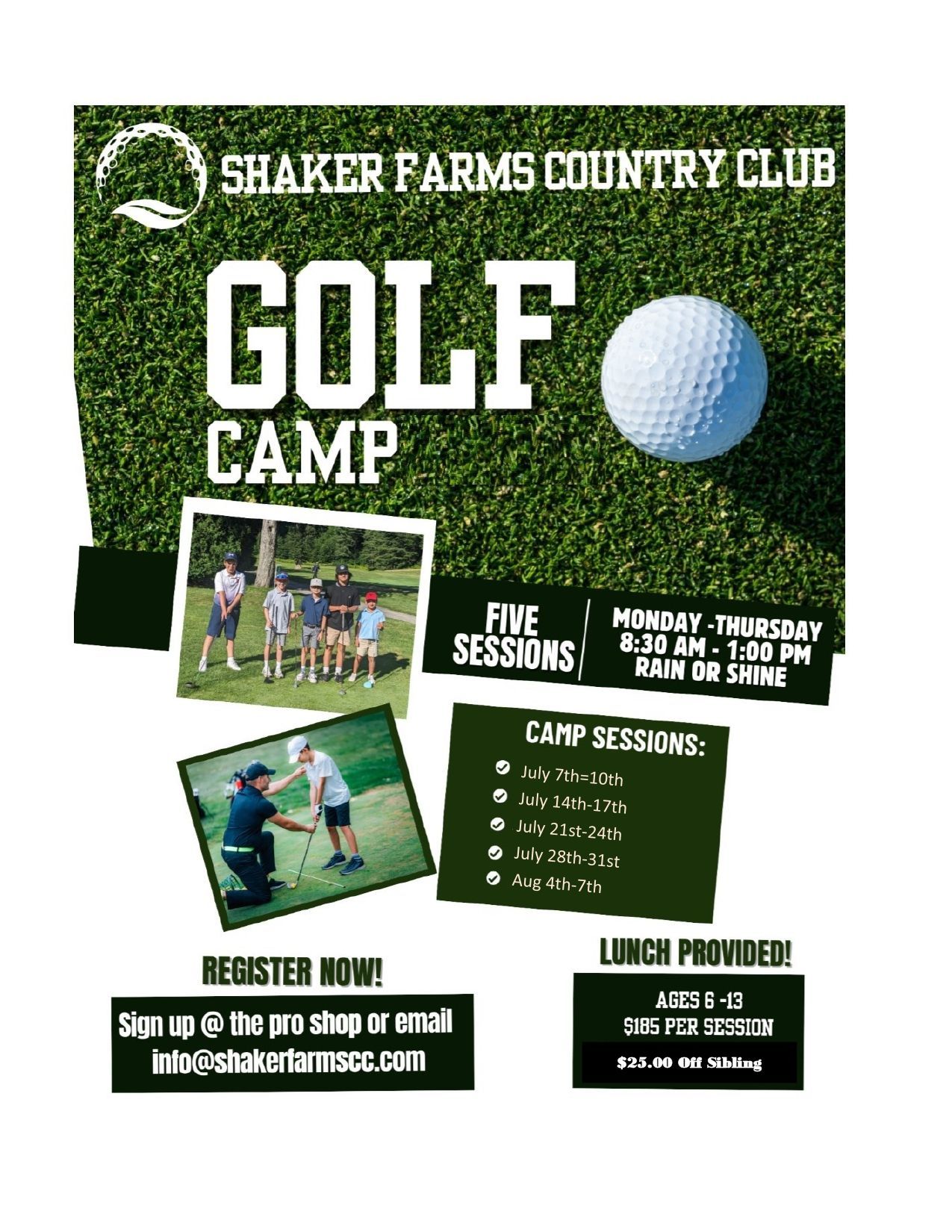 Flyer for Shaker Farms Country Club Golf Camp listing dates, times, and registration information.