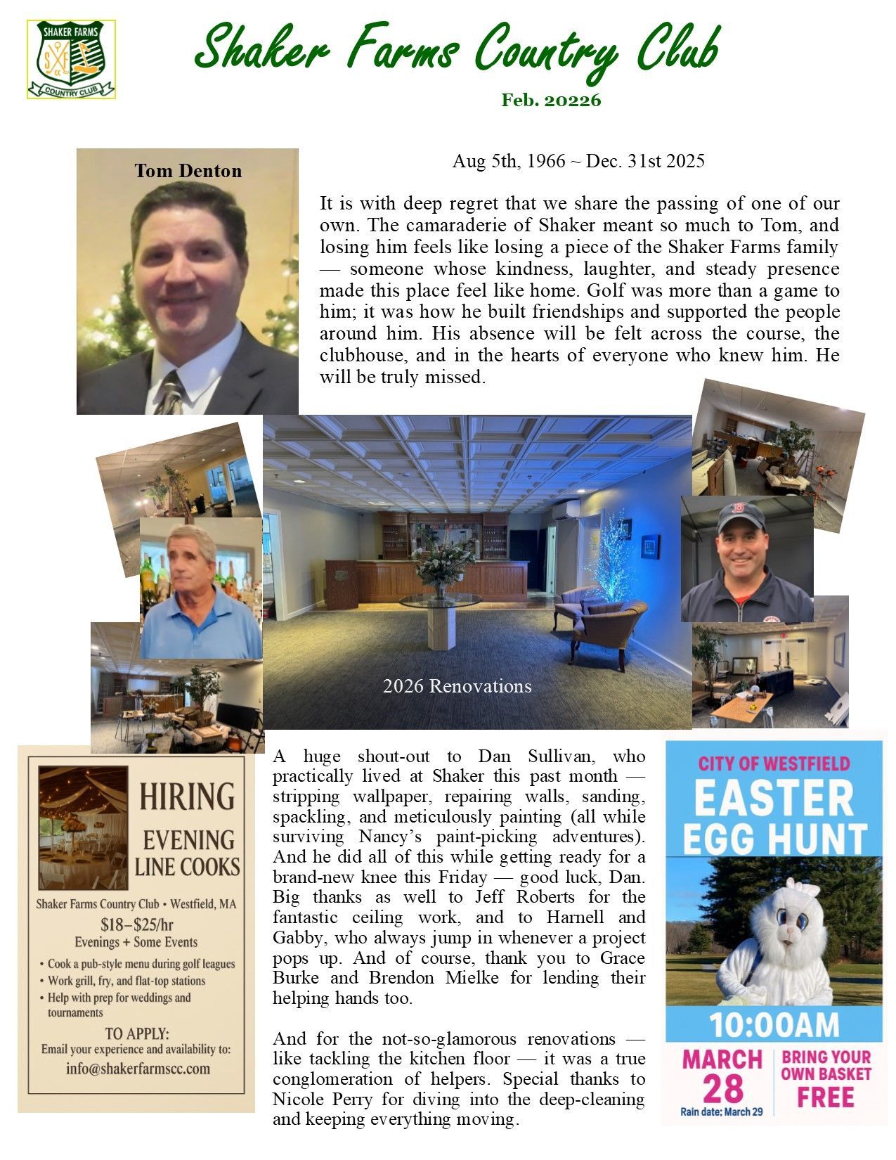 Shaker Farms Country Club newsletter with photos, event notices, and hiring information.