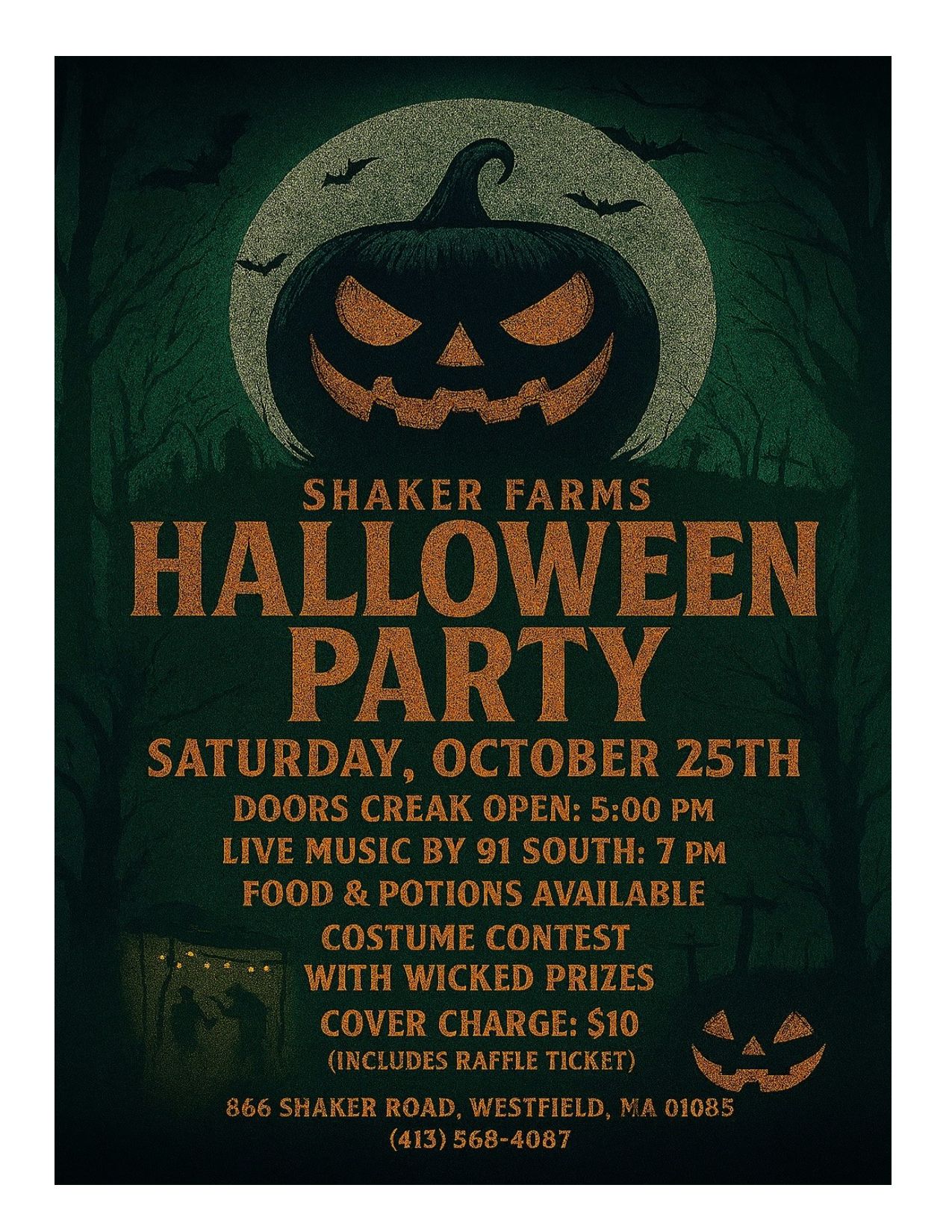 Halloween party flyer with a pumpkin silhouette, dark green background, and event details.