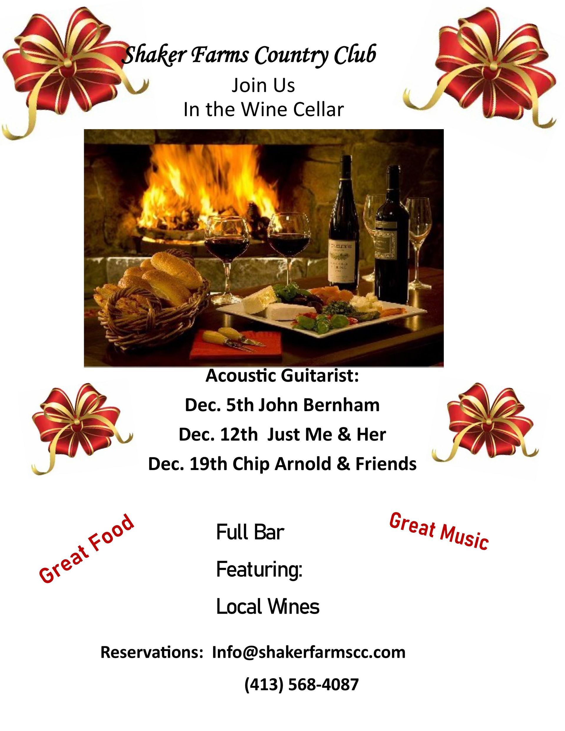 Shaker Farms Country Club event poster with a wine cellar setting, featuring acoustic guitar performances and local wines.