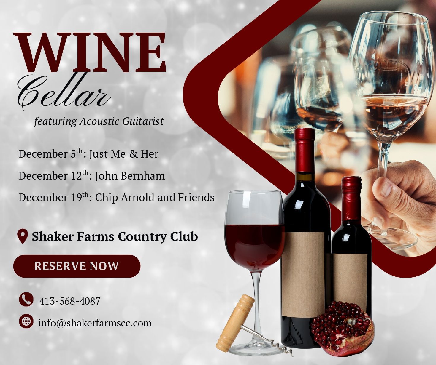 Wine Cellar event flyer, featuring live music, dates, and Shaker Farms Country Club location. Wine bottles and glasses.