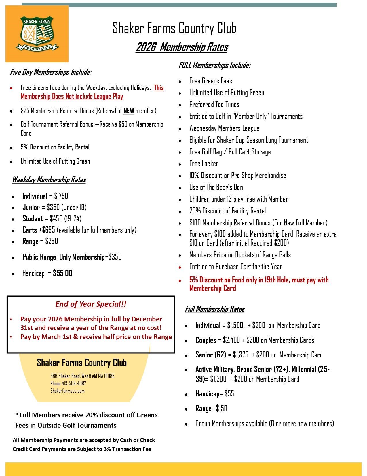 Flyer for Shaker Farms Country Club, listing membership fees and benefits.