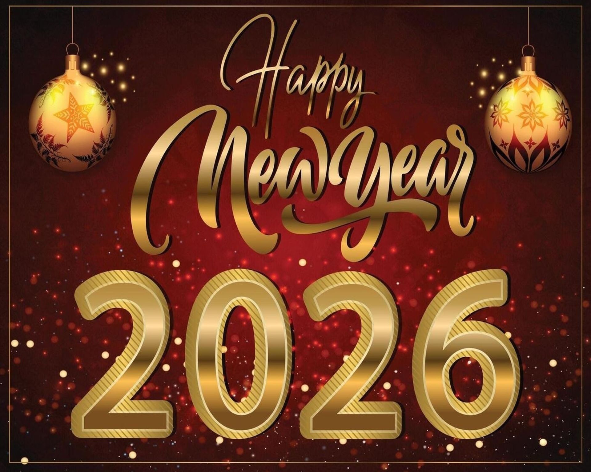 Gold Happy New Year 2026 text on a red background with ornaments.