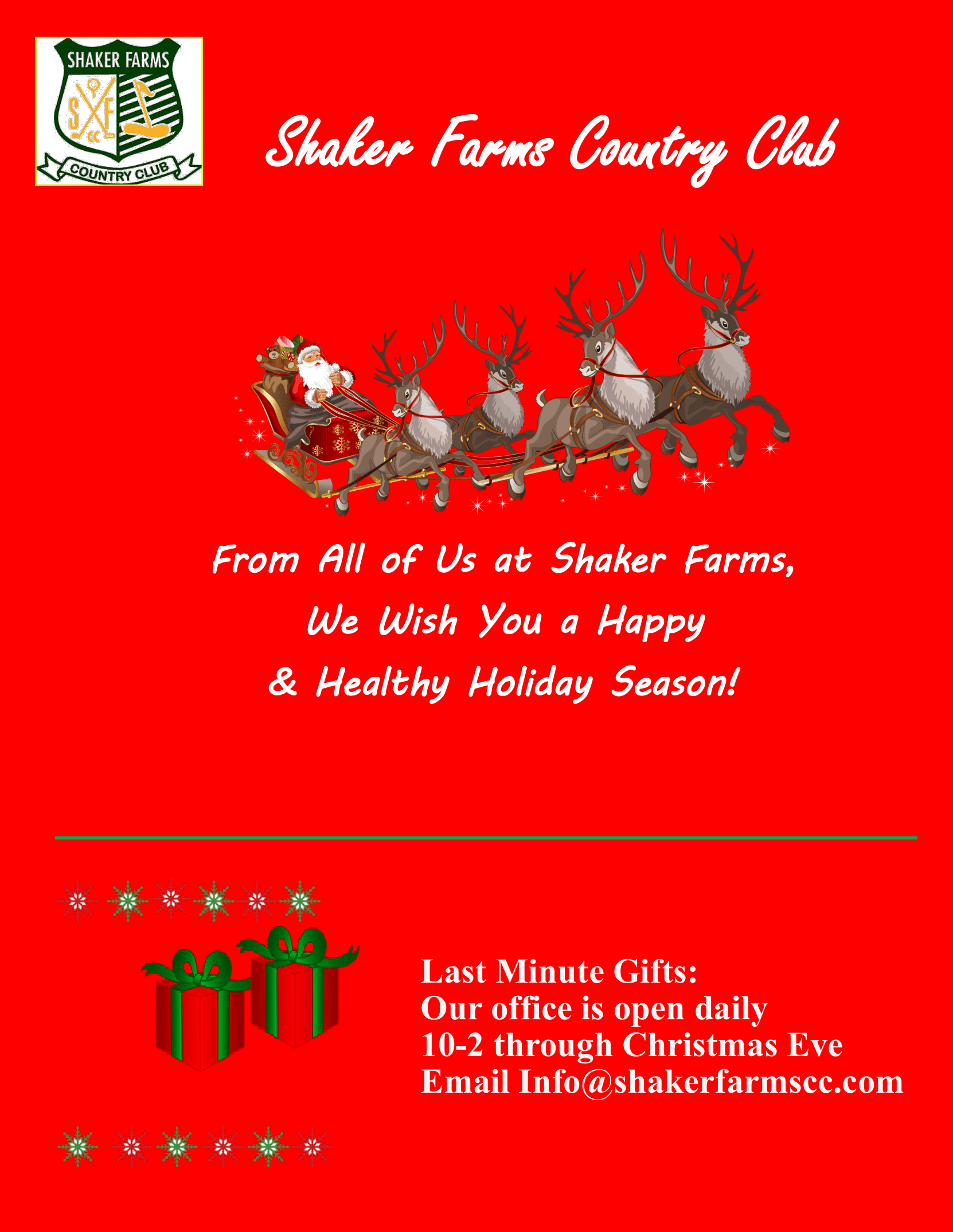 Holiday greeting from Shaker Farms Country Club with Santa in a sleigh. Red background.