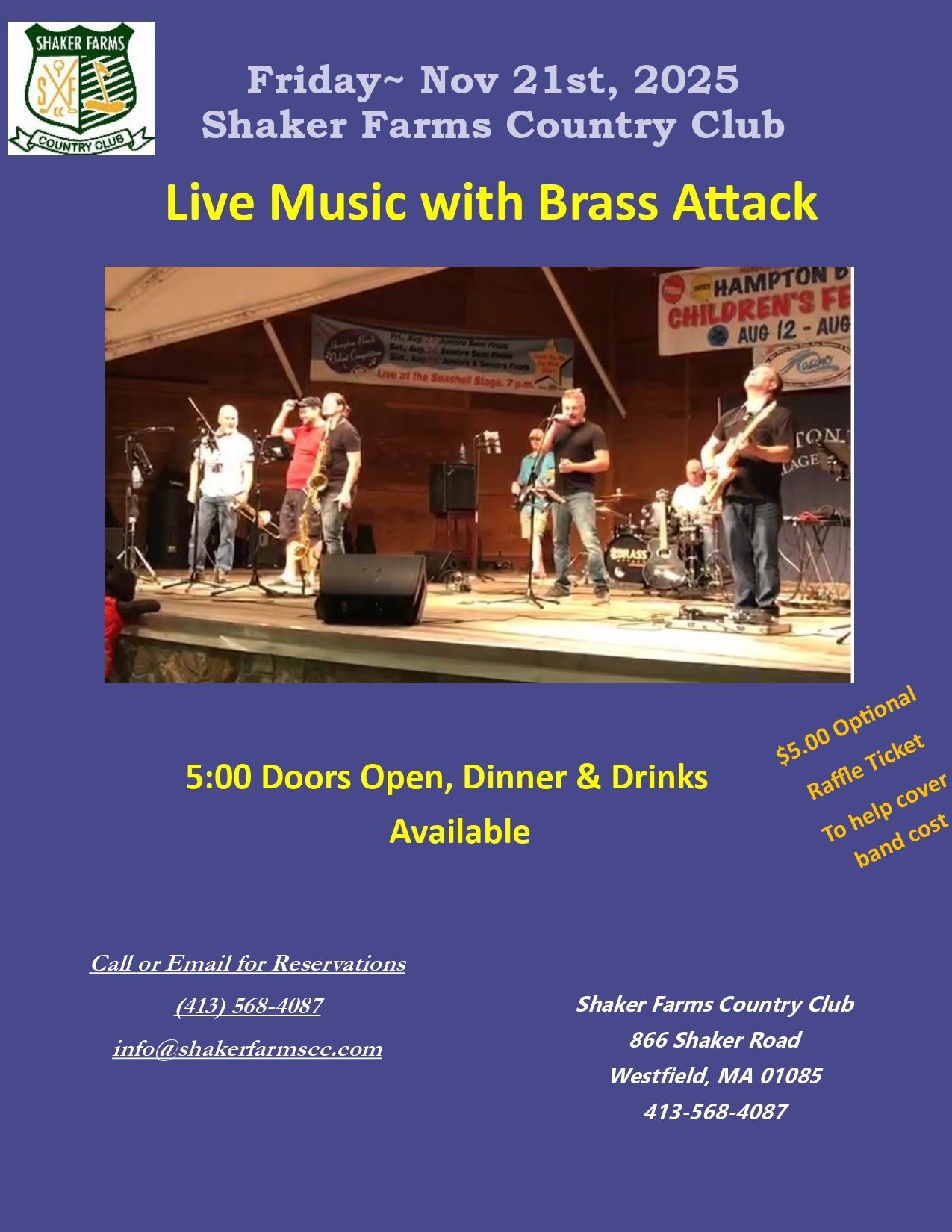 Poster: Live Music with Brass Attack at Shaker Farms Country Club on November 21st, 2025. Dinner and drinks are available.