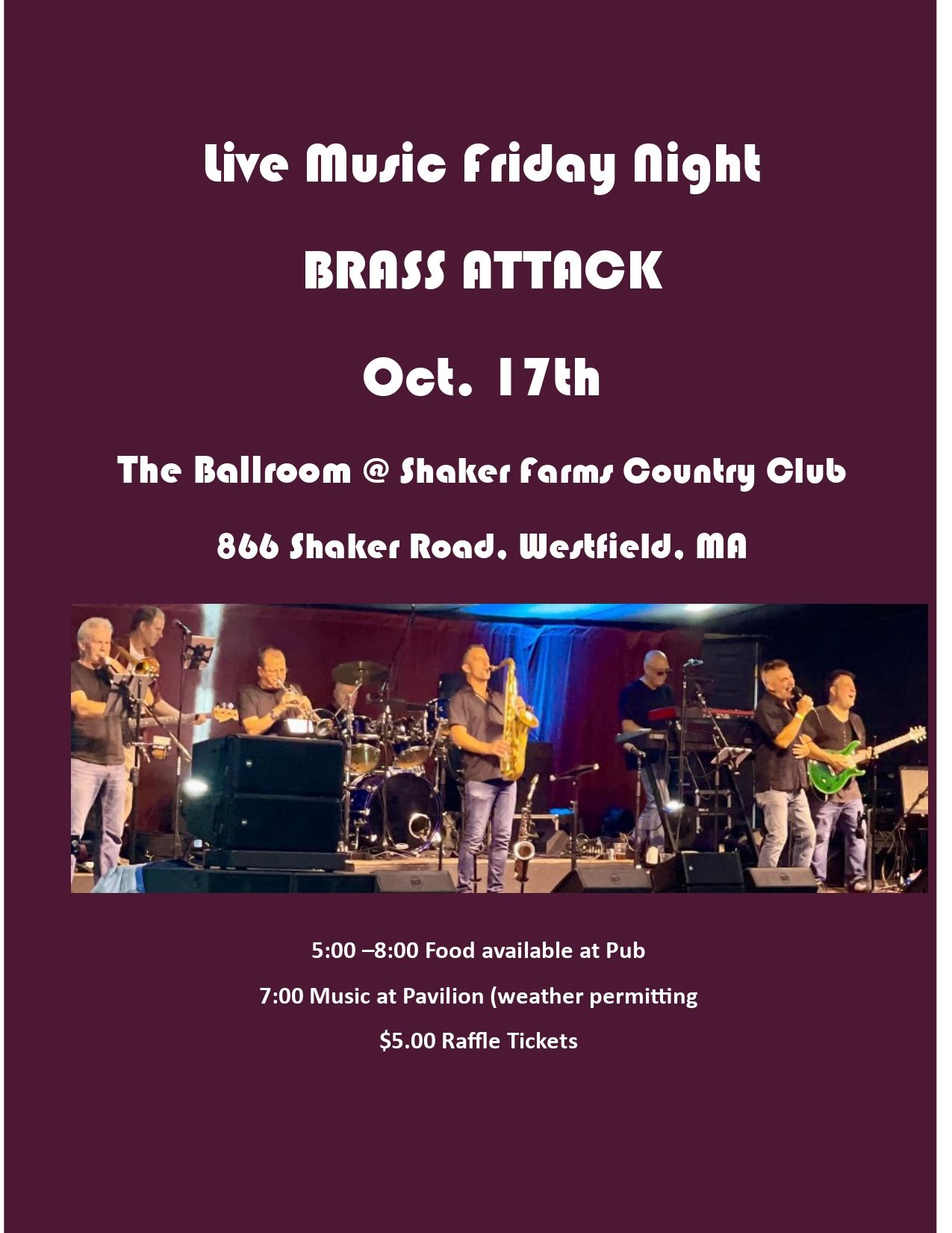 Poster: Live music Friday night, Brass Attack at Shaker Farms Country Club in Westfield, MA, October 17th.