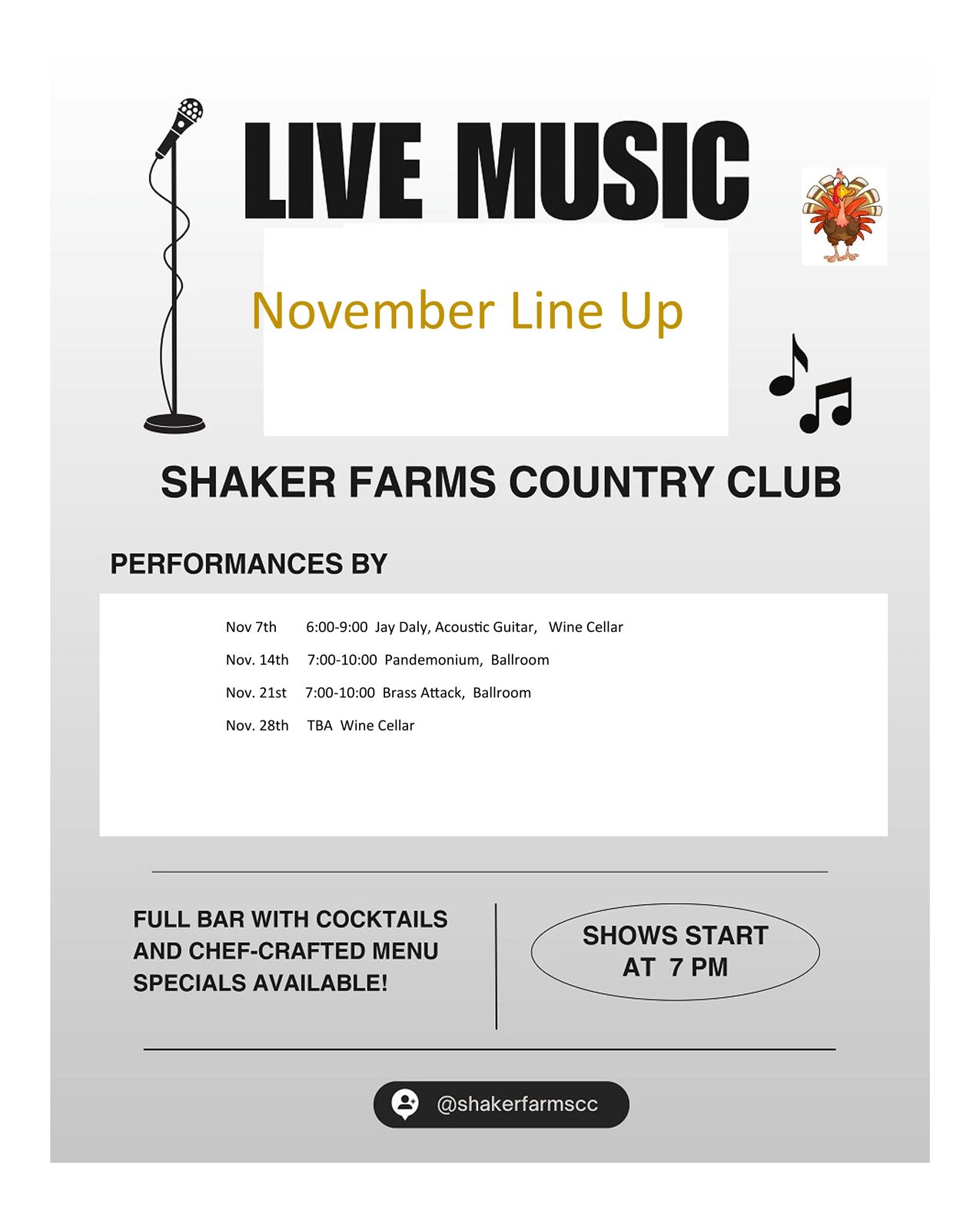 Flyer for live music at Shaker Farms Country Club. Includes November lineup, bar info, and showtimes.