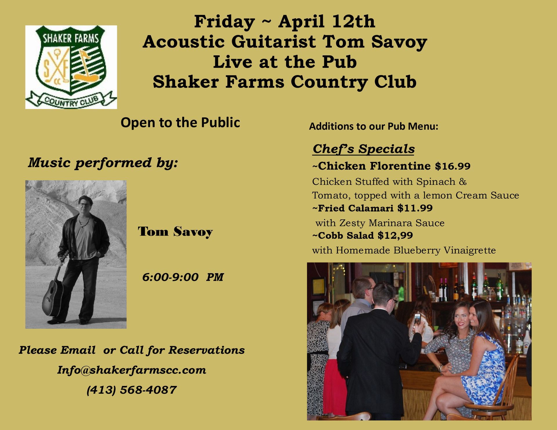 A poster for acoustic guitarist Tom Savoy at Shaker Farms Country Club