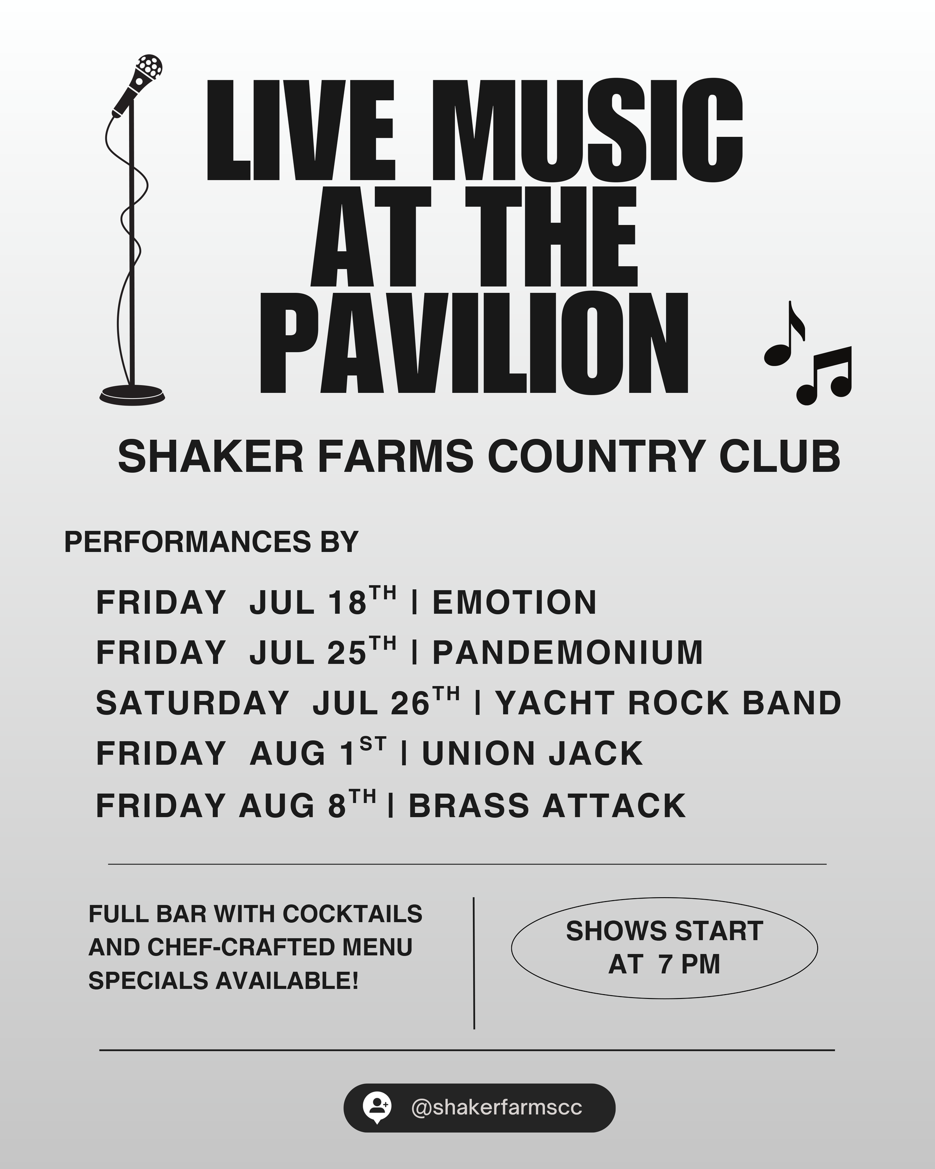 A poster for live music at the pavilion at Shaker Farms Country Club
