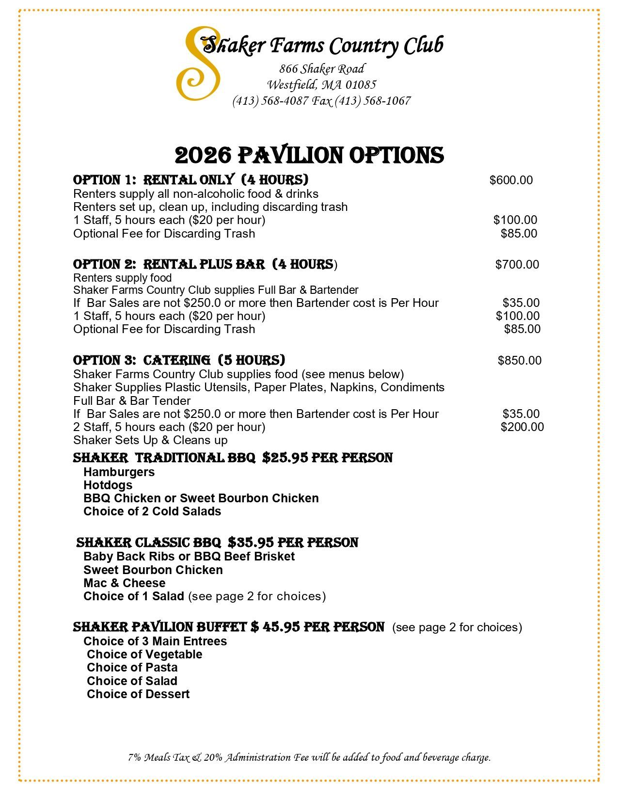 A menu for a restaurant called the Shaker Farms Country Club