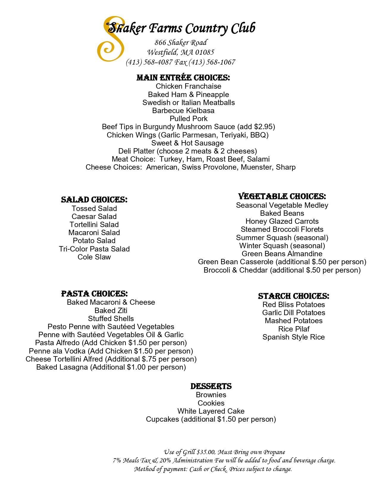 A menu for a restaurant called the Shaker Farms Country Club