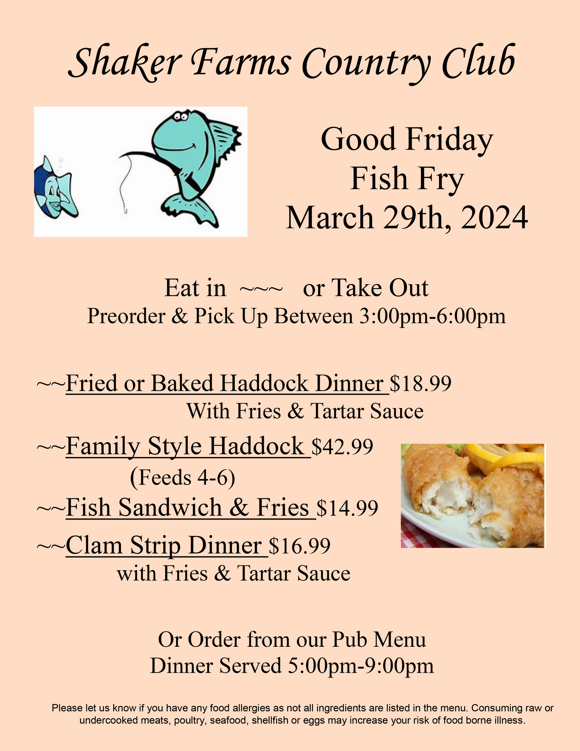 A poster for Shaker Farms Country Club advertises a Good Friday fish fry