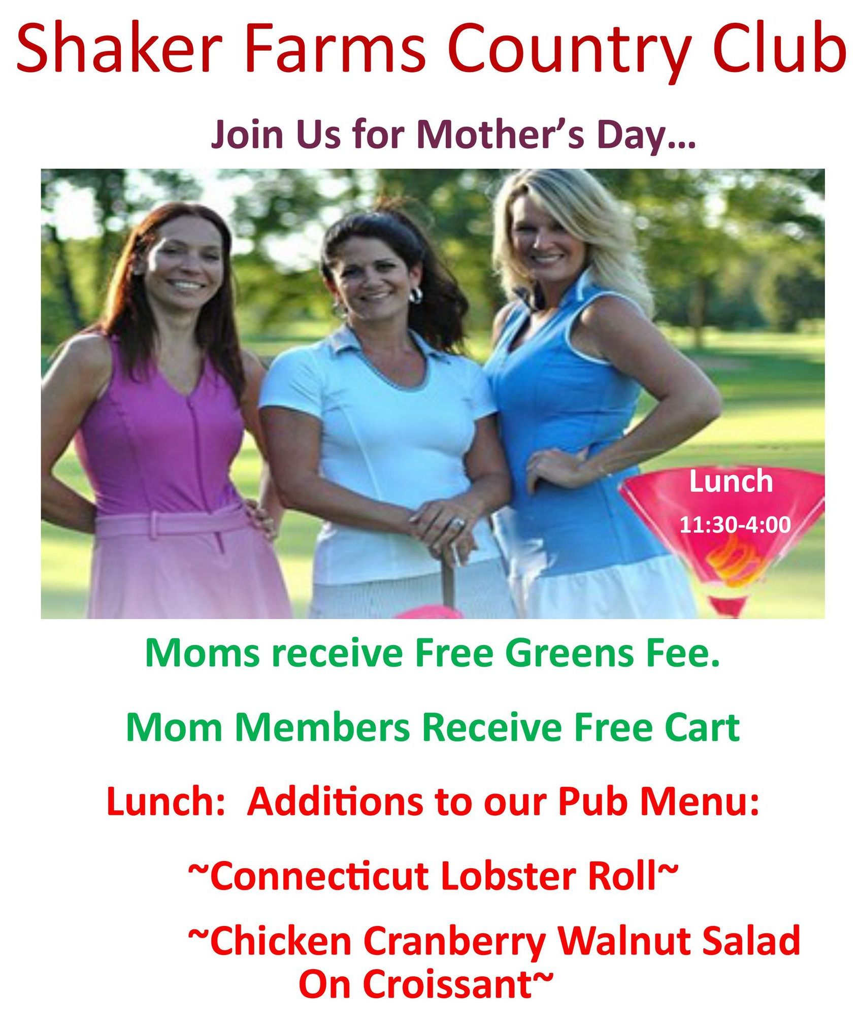 A flyer for shaker farms country club for mother 's day