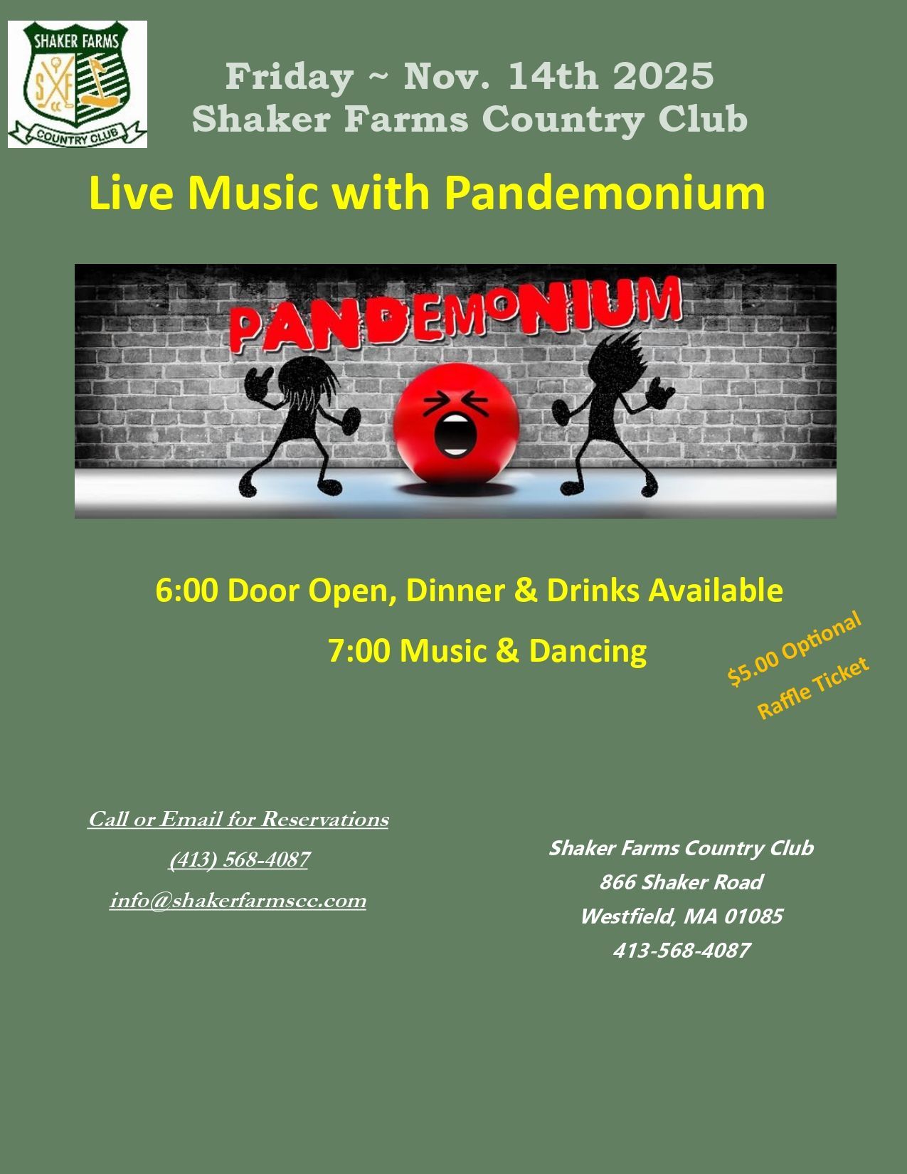Poster for live music at Shaker Farms Country Club on November 14th, 2025, with band Pandemonium.