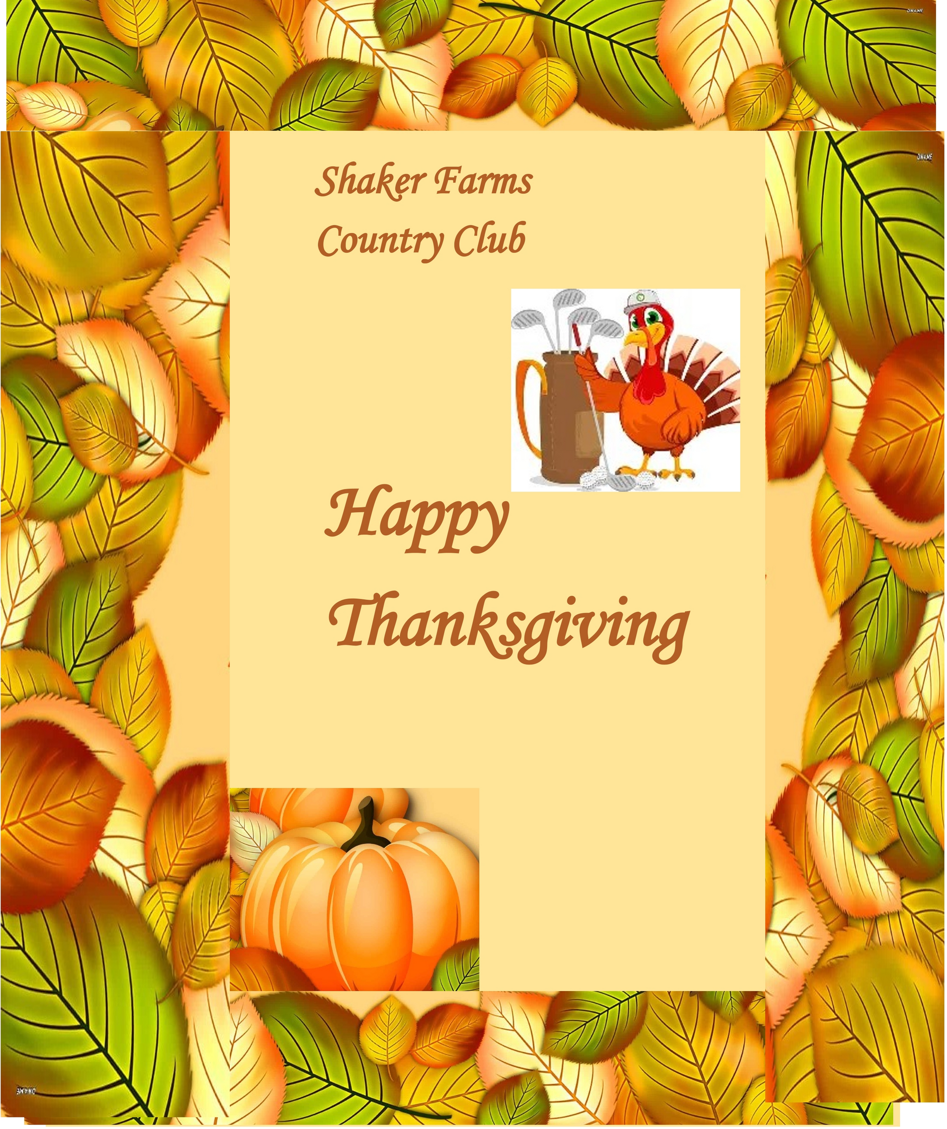 Thanksgiving greeting with turkey, pumpkin, and autumn leaves.