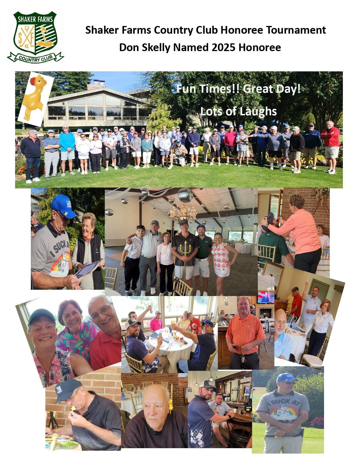 A collage of photos from the Shaker Farms Country Club Honoree Tournament featuring groups and individuals having fun.