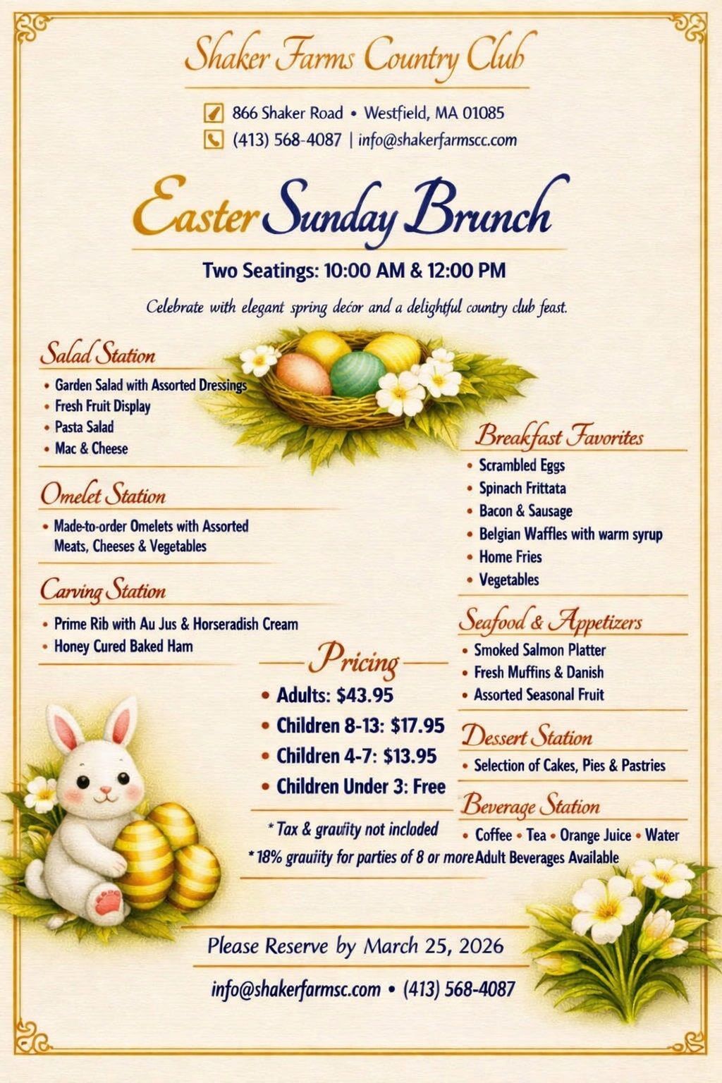 An Easter Sunday brunch menu for Shaker Farms Country Club, listing food stations, pricing, and reservation information.