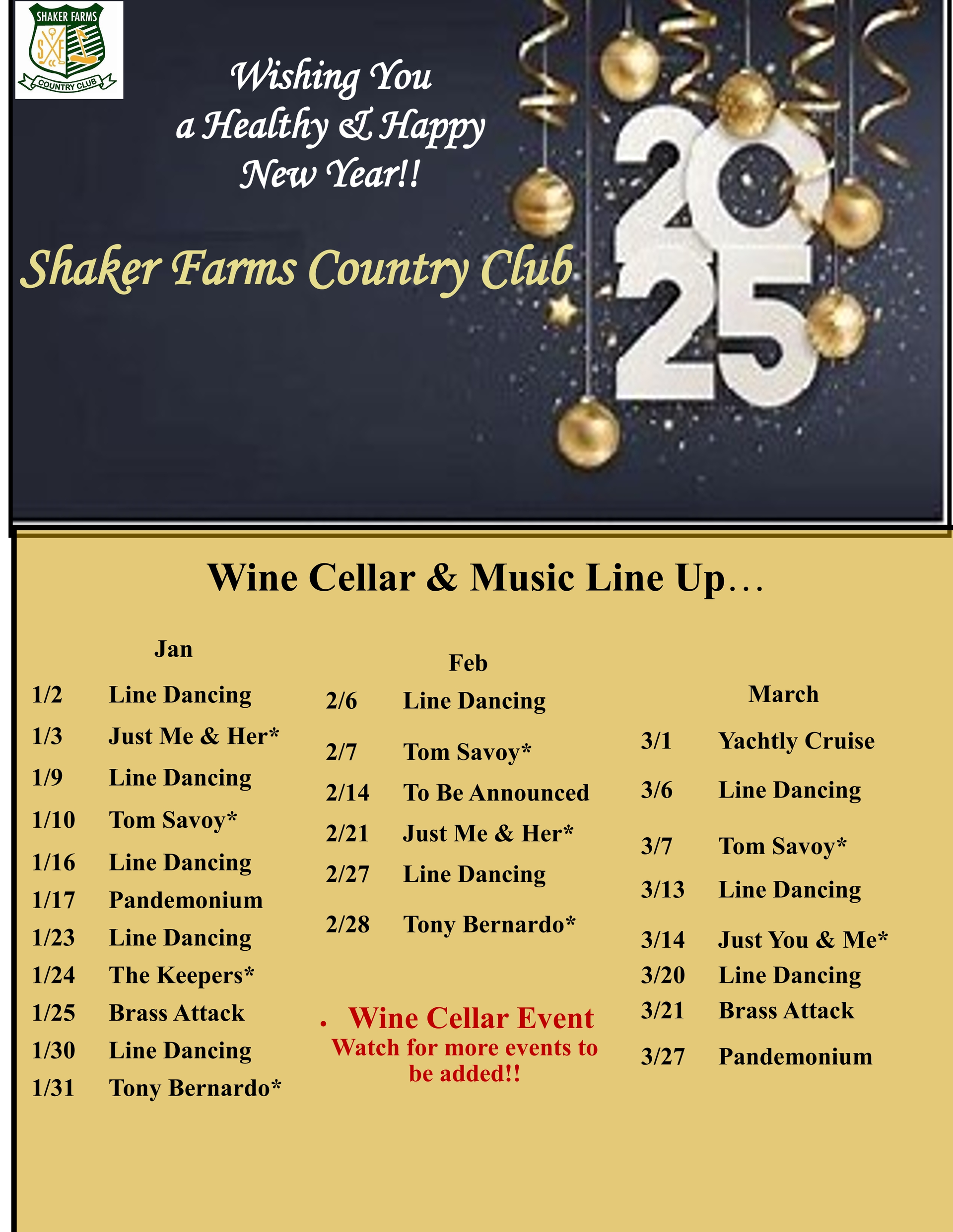 A poster for shaker farms country club with a wine cellar and music line up