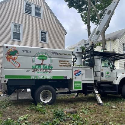 A tree service truck with a crane parked near a residential home, in a grassy area.