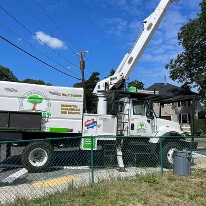 Tree service truck with a raised boom near a residential area.