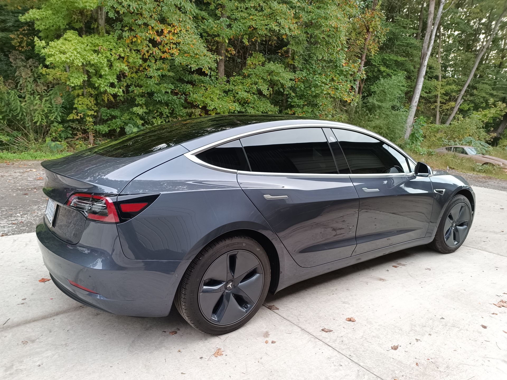 Gray Tesla Model 3 car parked on concrete, tinted windows, dark wheels, and trees in background.
