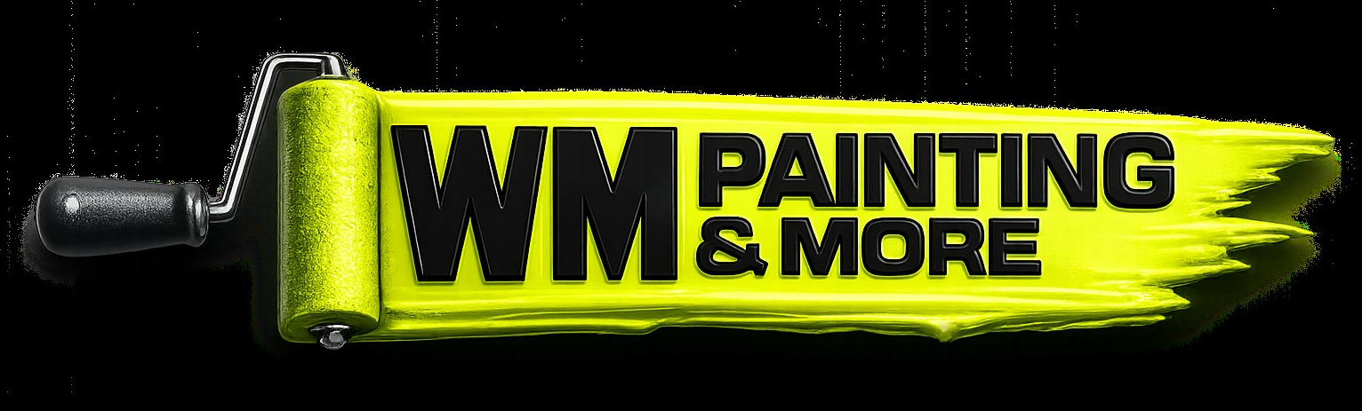 Logo of WM Painting & More. Black text on a green paint stroke. A paint roller is on the left.