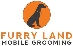 The logo for furry land mobile grooming shows a dog in an orange circle.