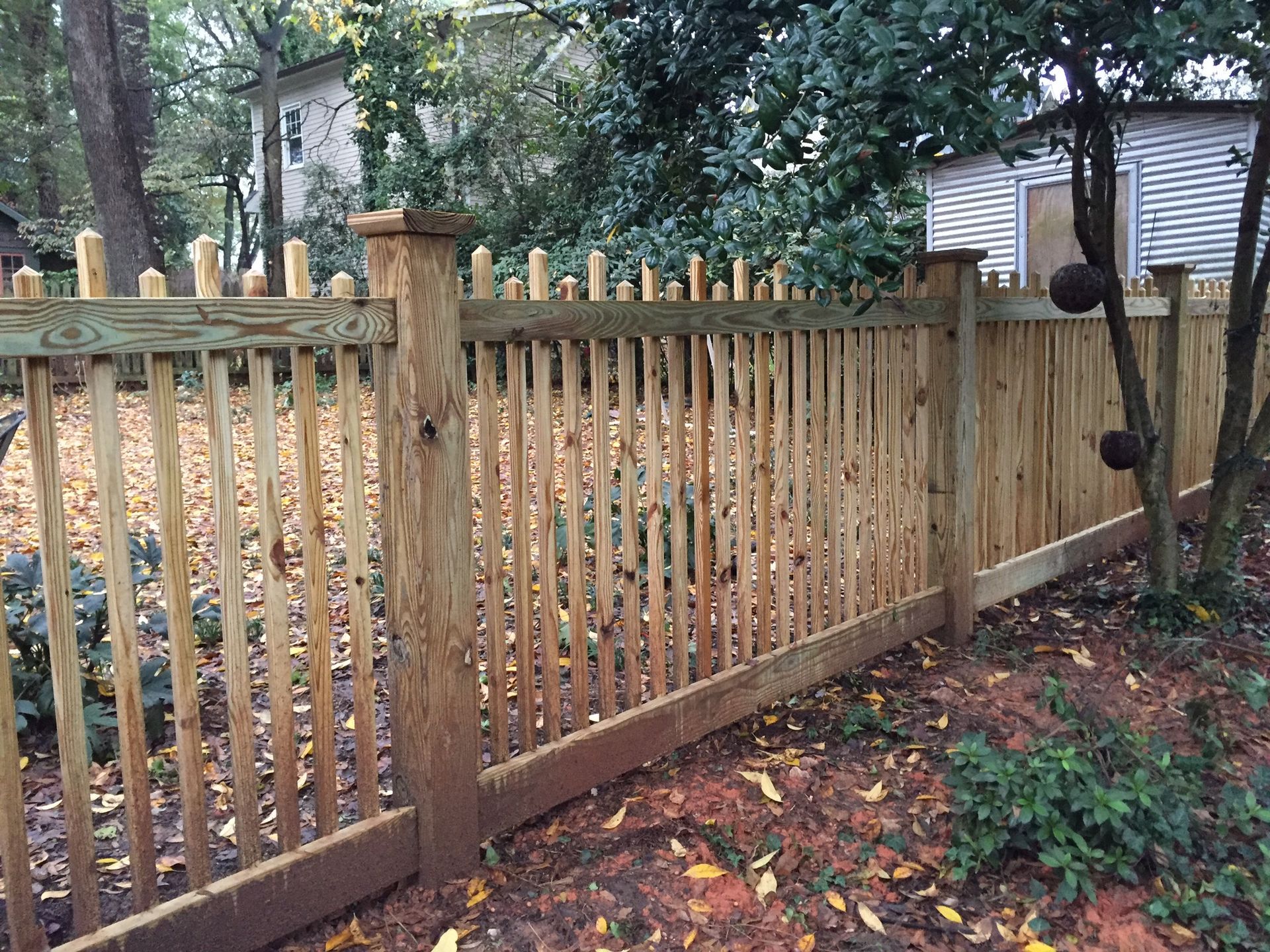 A wooden fence is surrounded by trees and leaves in a backyard.