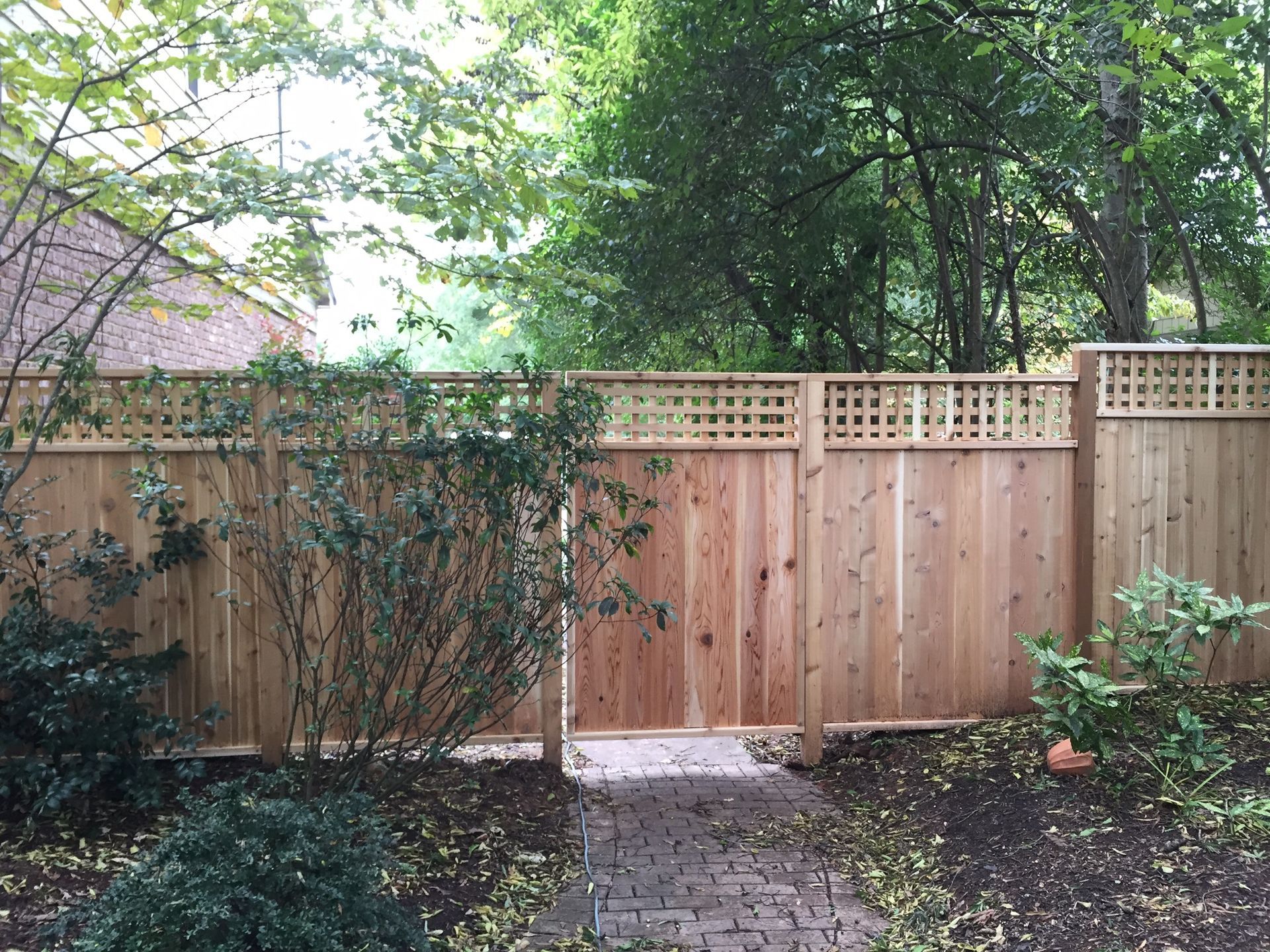 A wooden fence with a gate in the backyard.