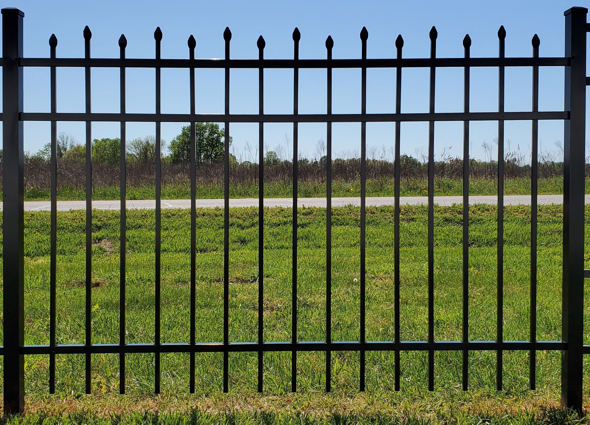 A black metal fence surrounds a grassy field