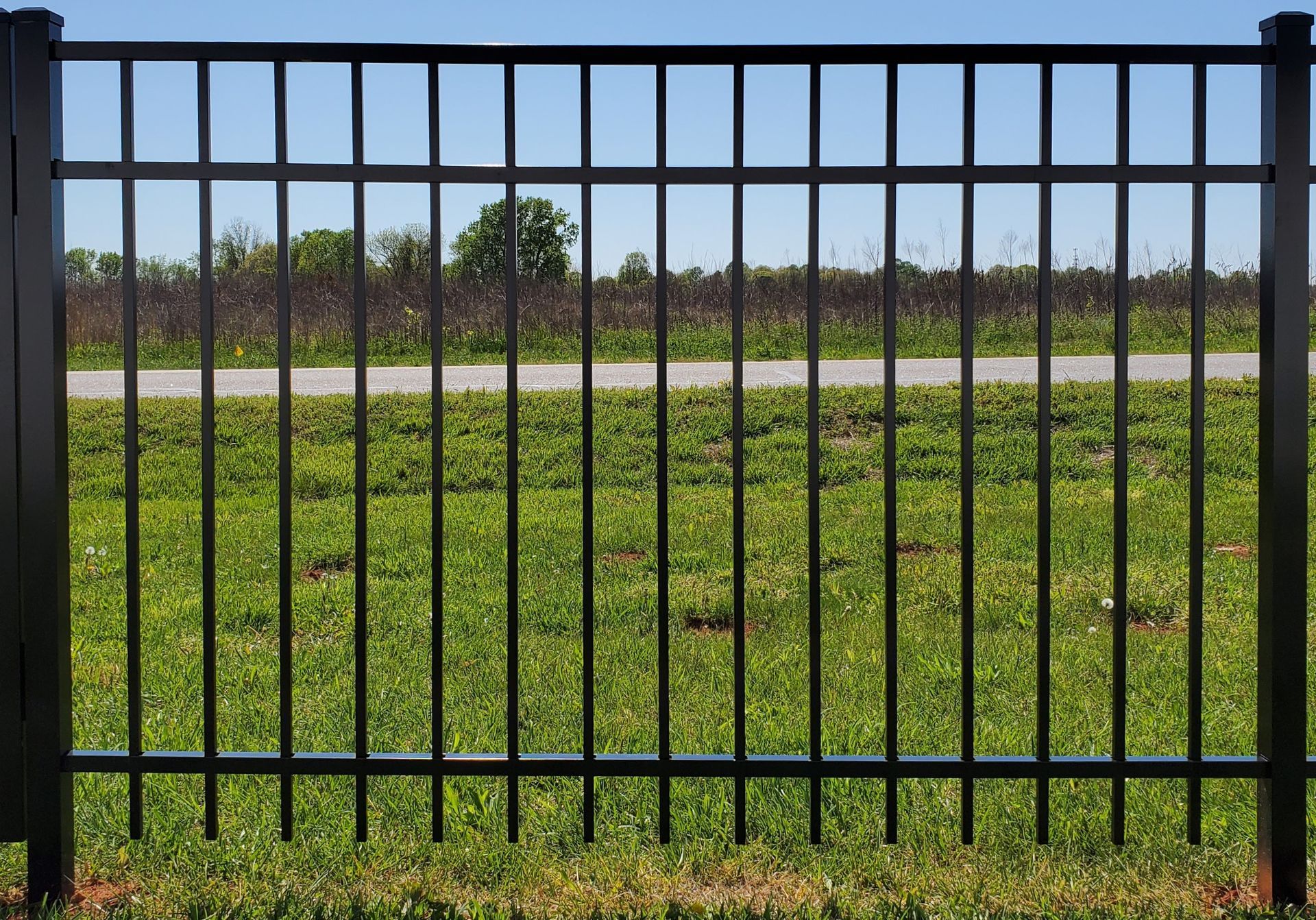 A black metal fence surrounds a lush green field.