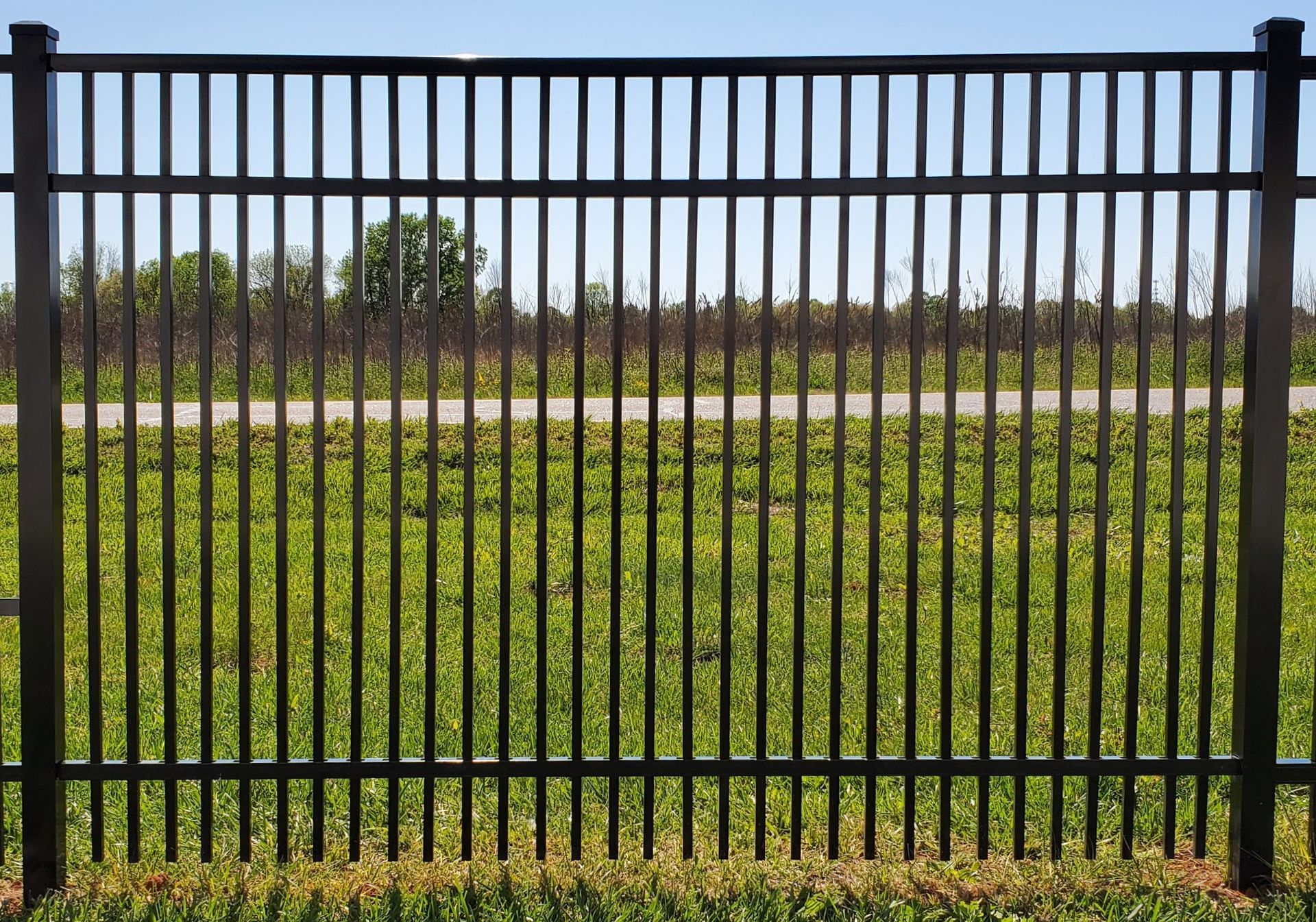 A black metal fence surrounds a grassy field
