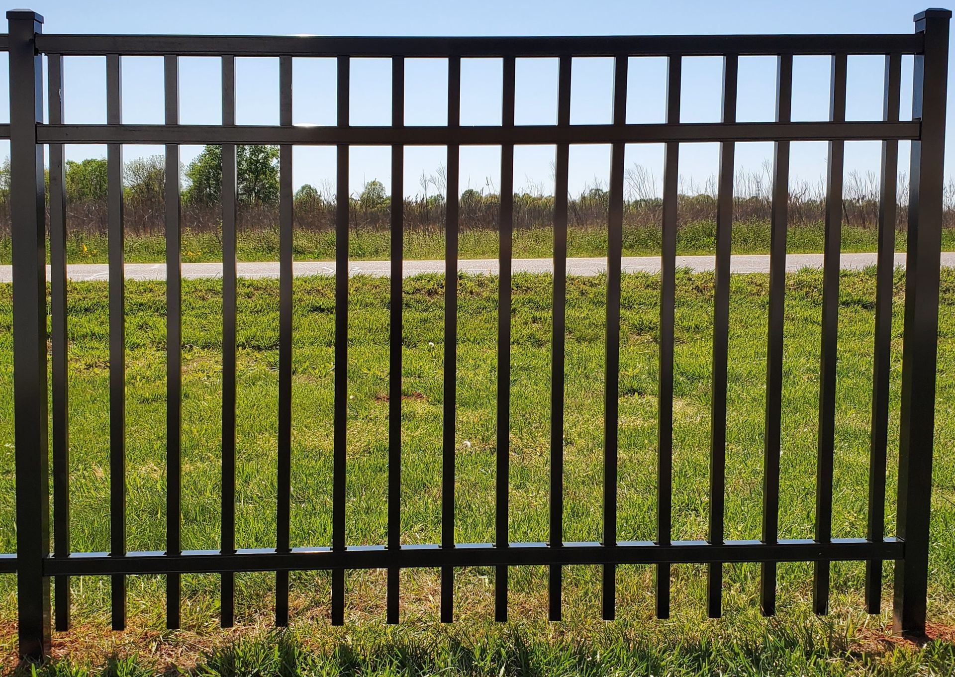 A black metal fence surrounds a grassy field