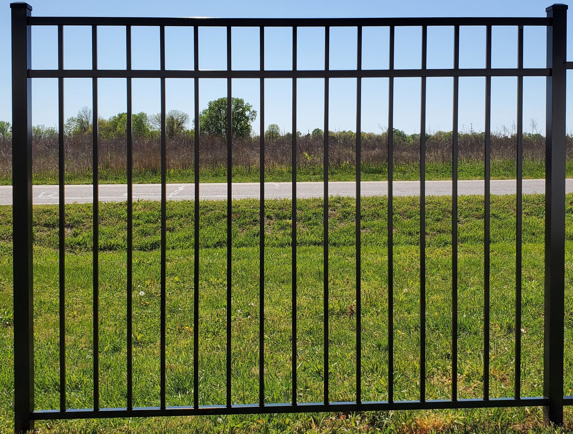 A black metal fence surrounds a lush green field
