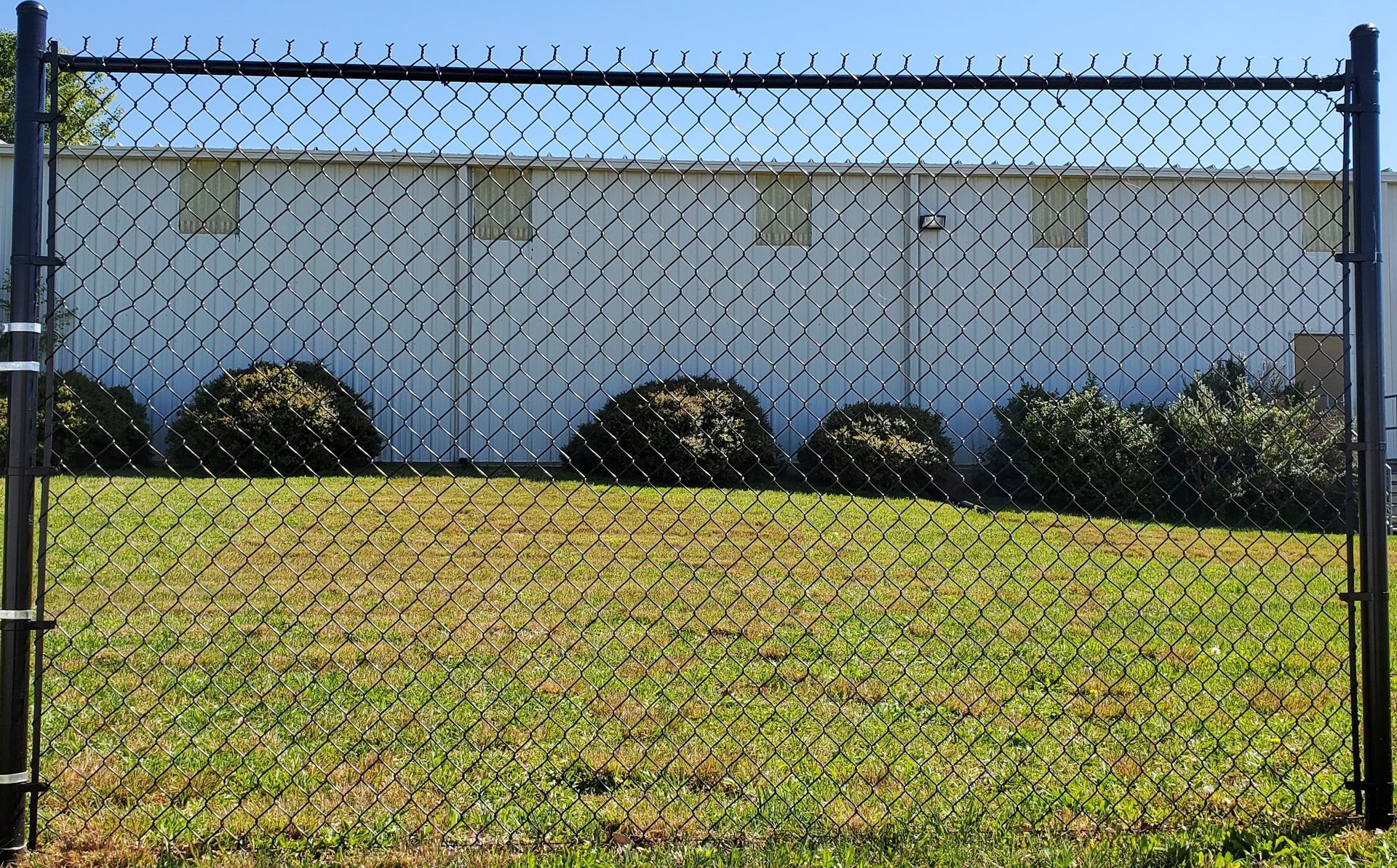 A chain link fence surrounds a lush green field