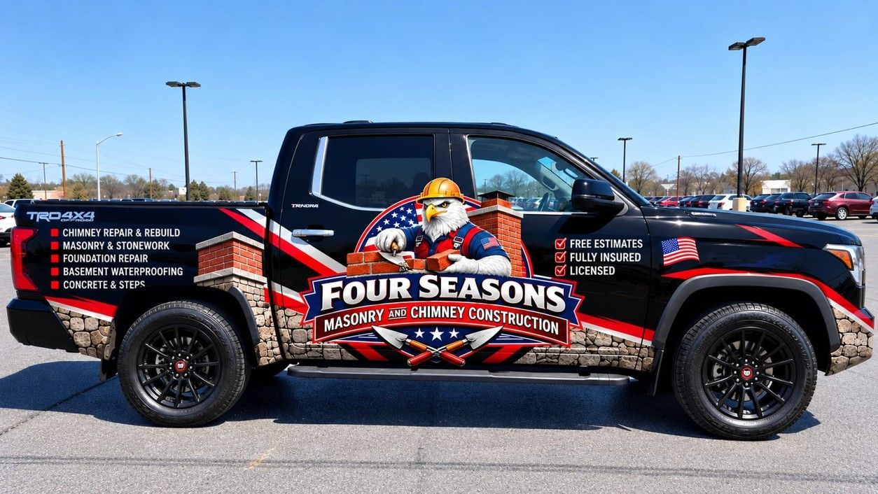 Black pickup truck with colorful FOUR SEASONS company branding parked outdoors in a lot.