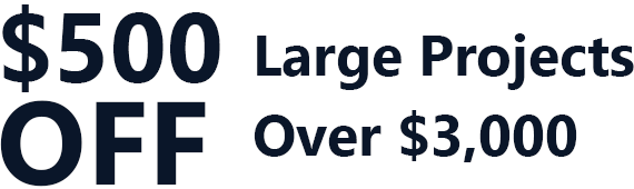 $500 off large projects over $3,000 in bold black text on a white background