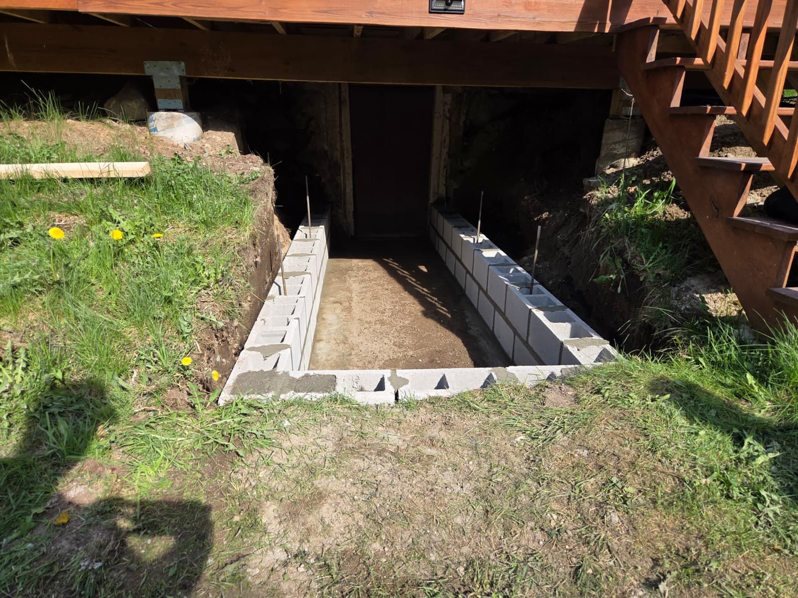 Basement stairwell under a wooden deck, with concrete steps descending into a dark entrance.