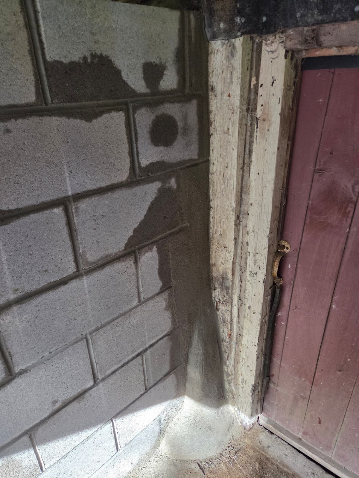 Partially plastered cinder block wall beside a weathered pink door with peeling trim.