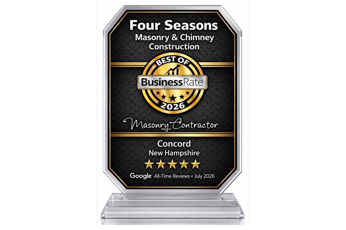 Four Seasons masonry and chimney award plaque on clear base with gold accents and stars